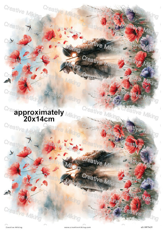 Soldiers In Poppy Field Remembrance Decoupage Rice Paper | RP7431