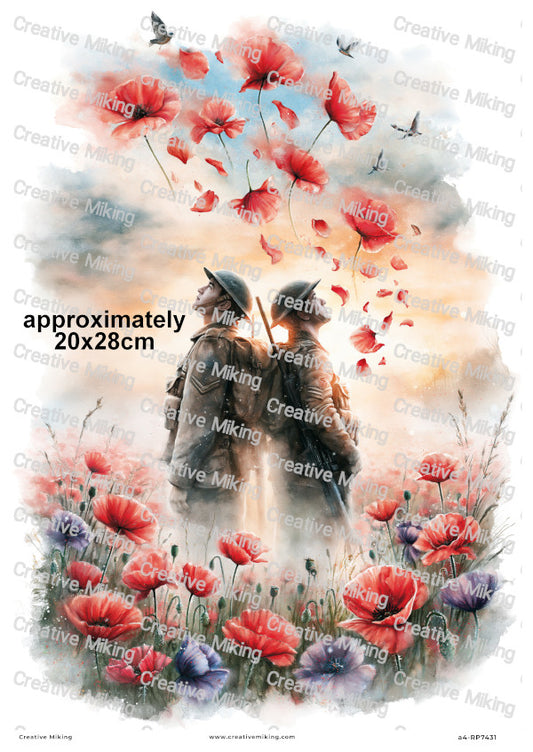 Soldiers In Poppy Field Remembrance Decoupage Rice Paper | RP7431