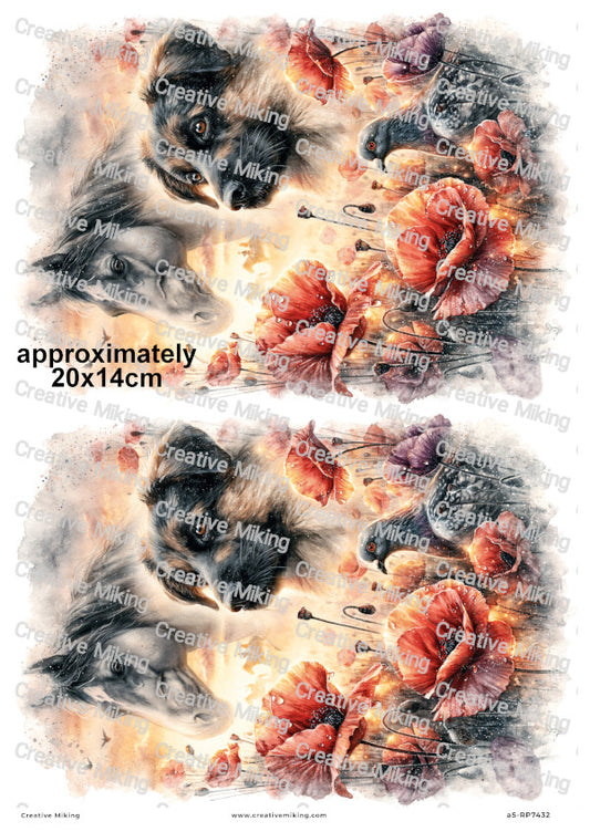 Horse Dog And Pigeon In Poppy Field Remembrance Decoupage Rice Paper | RP7432