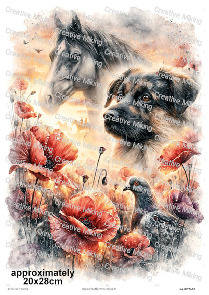 Horse Dog And Pigeon In Poppy Field Remembrance Decoupage Rice Paper | RP7432