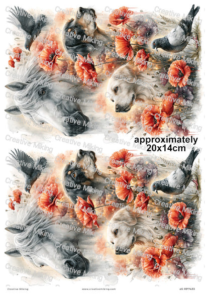 Horse Dogs And Birds In Poppy Field Remembrance Decoupage Rice Paper | RP7433