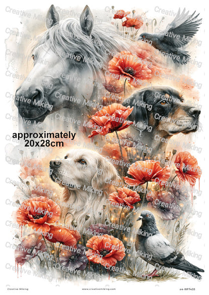 Horse Dogs And Birds In Poppy Field Remembrance Decoupage Rice Paper | RP7433