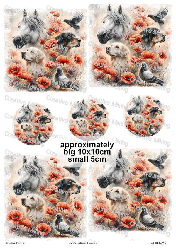 Horse Dogs And Birds In Poppy Field Remembrance Decoupage Rice Paper | RP7433b