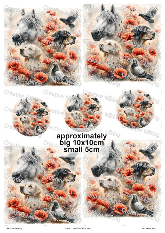 Horse Dogs And Birds In Poppy Field Remembrance Decoupage Rice Paper | RP7433b