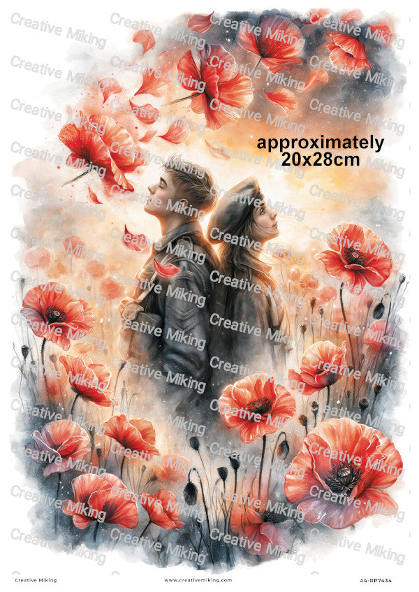 Couple In Poppy Field Remembrance Decoupage Rice Paper | RP7434