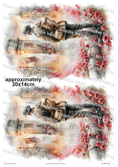 Soldier In London Poppy Field Remembrance Decoupage Rice Paper | RP7435