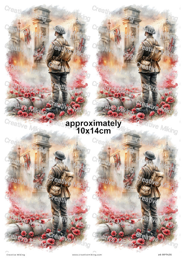 Soldier In London Poppy Field Remembrance Decoupage Rice Paper | RP7435