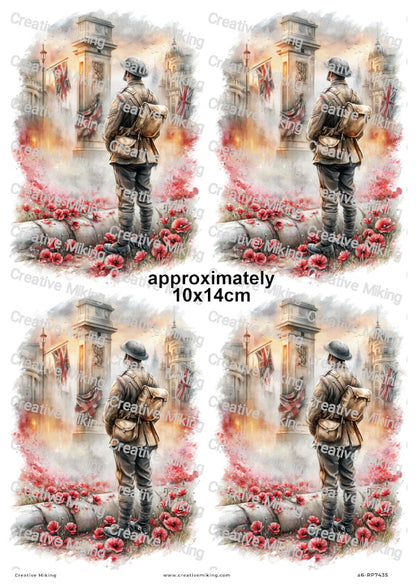 Soldier In London Poppy Field Remembrance Decoupage Rice Paper | RP7435