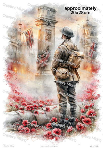 Soldier In London Poppy Field Remembrance Decoupage Rice Paper | RP7435
