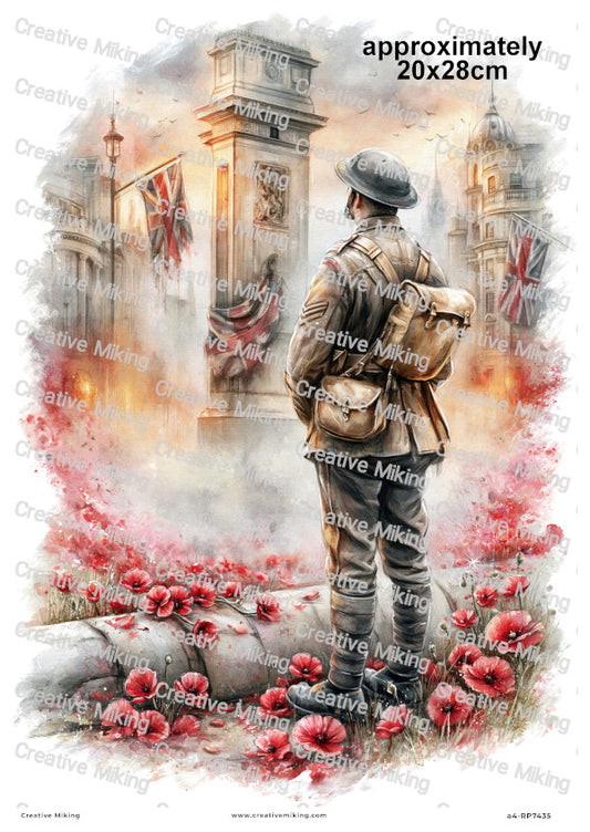 Soldier In London Poppy Field Remembrance Decoupage Rice Paper | RP7435