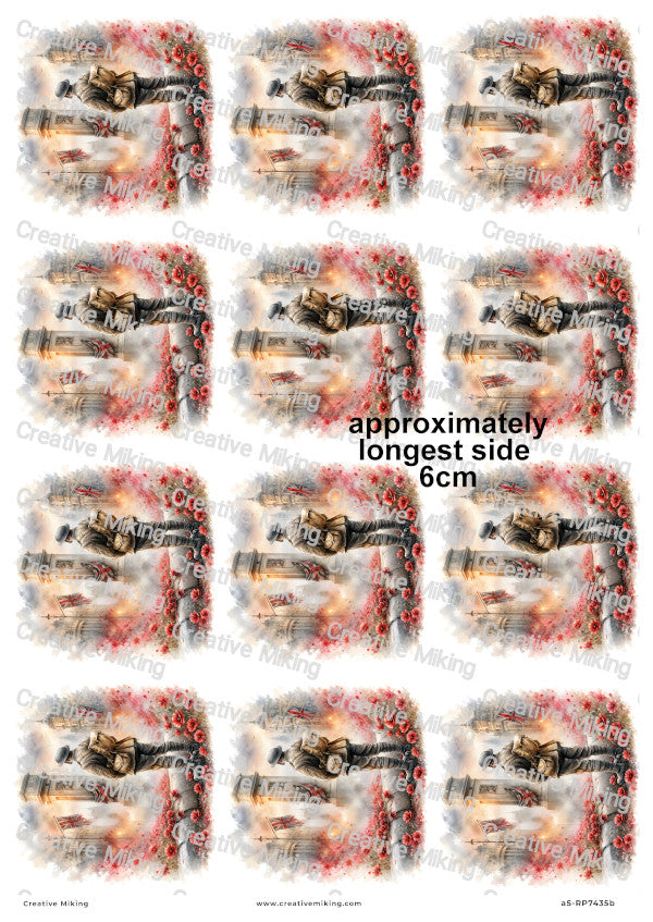 Soldier In London Poppy Field Remembrance Decoupage Rice Paper | RP7435b