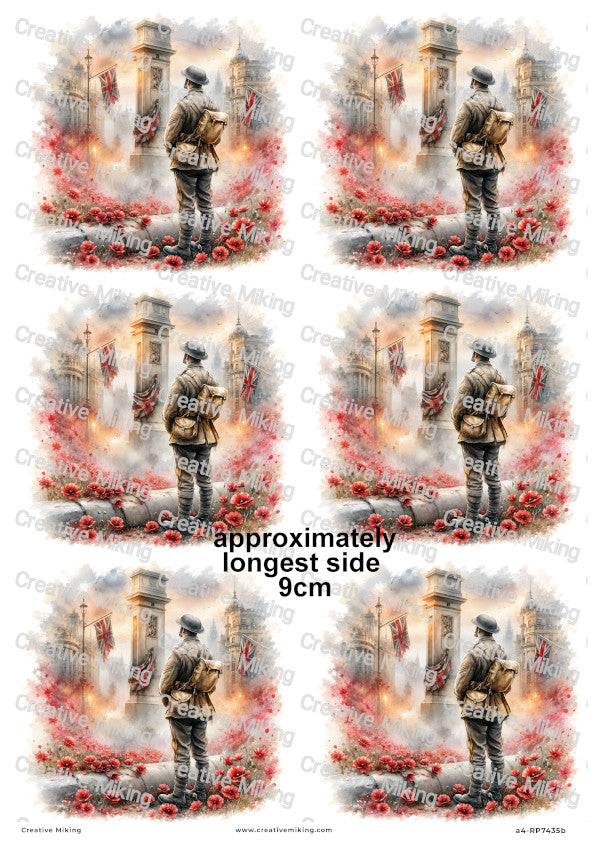 Soldier In London Poppy Field Remembrance Decoupage Rice Paper | RP7435b