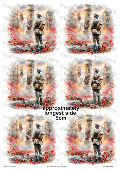 Soldier In London Poppy Field Remembrance Decoupage Rice Paper | RP7435b