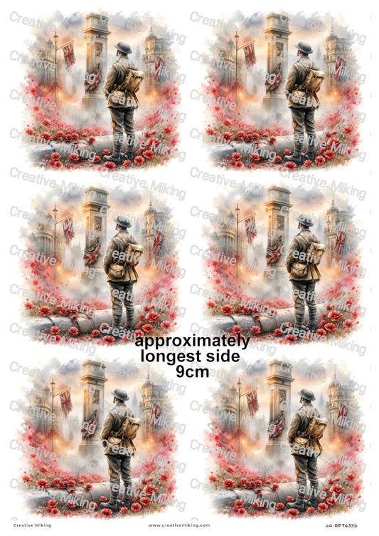 Soldier In London Poppy Field Remembrance Decoupage Rice Paper | RP7435b