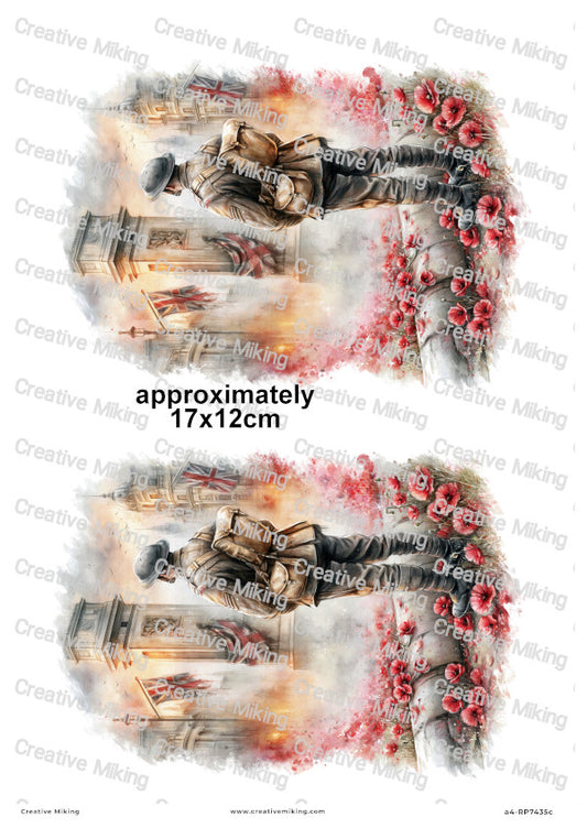 Soldier In London Poppy Field Remembrance Decoupage Rice Paper | RP7435c