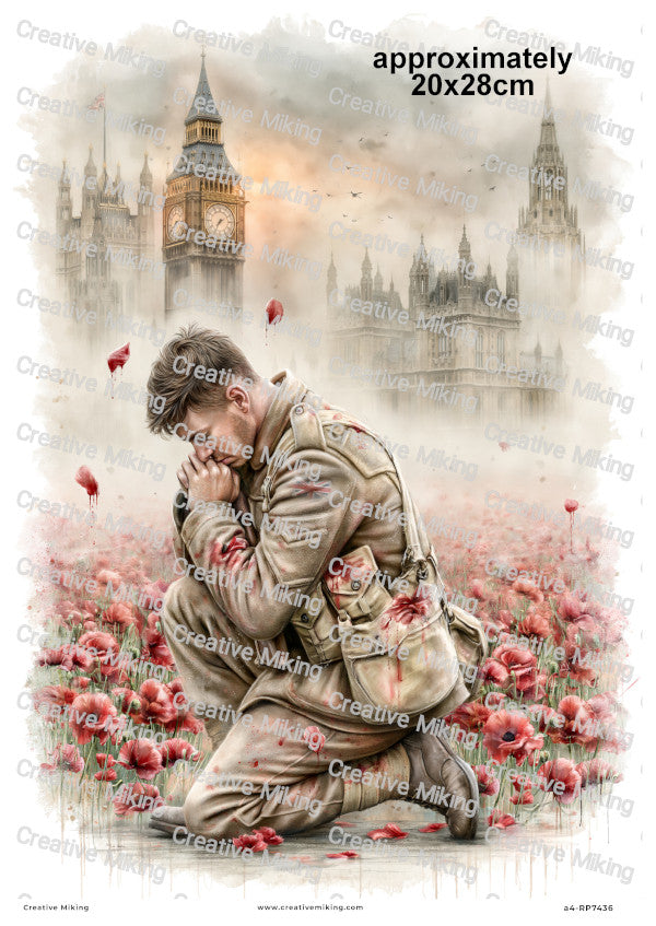 Kneeling Soldier In London Poppy Field Remembrance Decoupage Rice Paper | RP7436