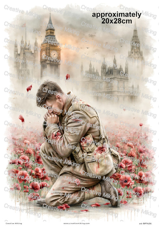 Kneeling Soldier In London Poppy Field Remembrance Decoupage Rice Paper | RP7436