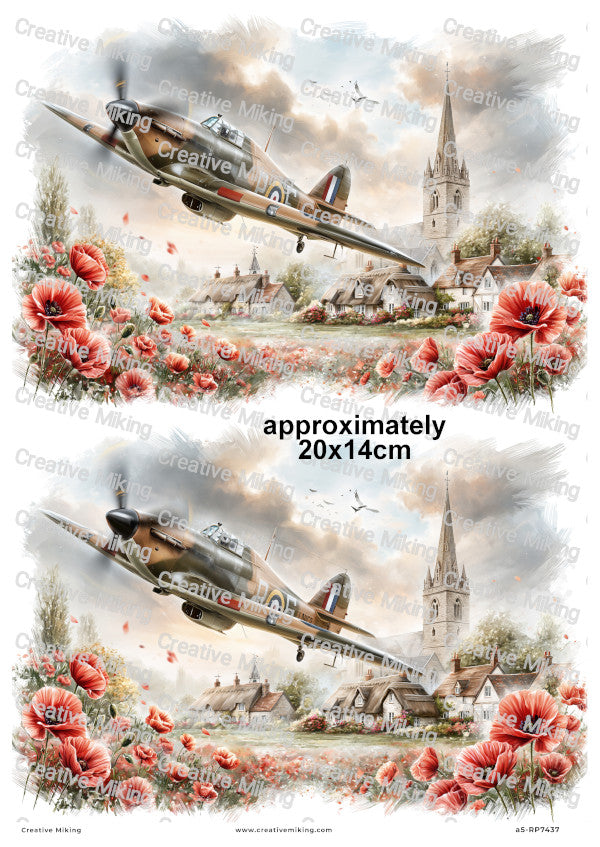 Hawker Hurricane With Village Church And Poppies Remembrance Decoupage Rice Paper | RP7437