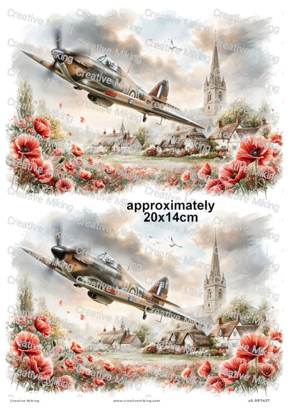 Hawker Hurricane With Village Church And Poppies Remembrance Decoupage Rice Paper | RP7437