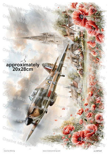 Hawker Hurricane With Village Church And Poppies Remembrance Decoupage Rice Paper | RP7437