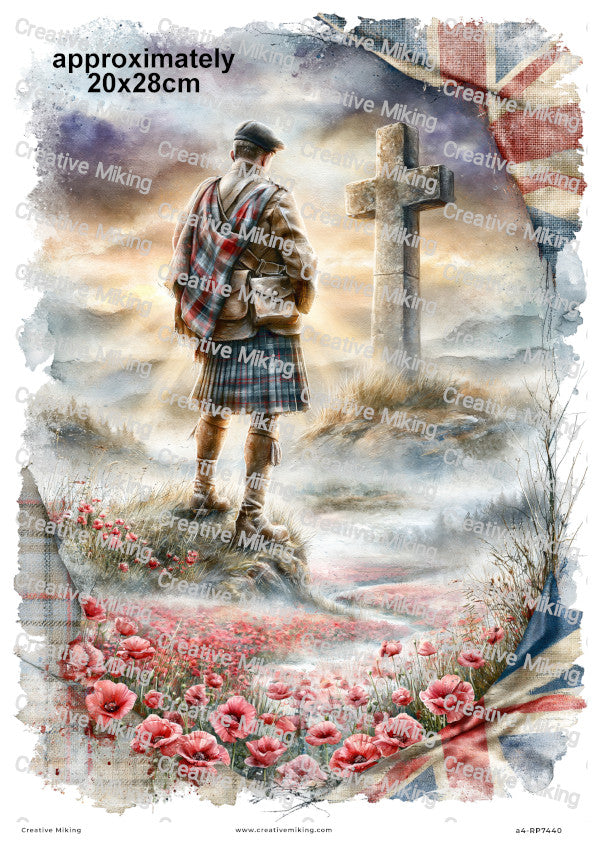 Scottish Soldier In Poppy Field Remembrance Decoupage Rice Paper | RP7440