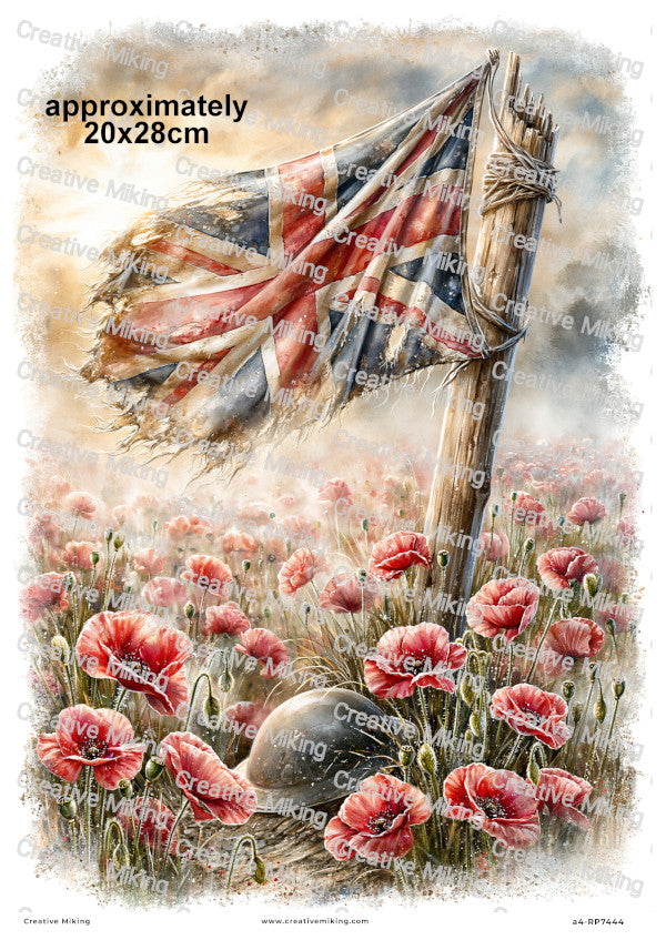 Union Jack Flag With Poppies Remembrance Decoupage Rice Paper | RP7444
