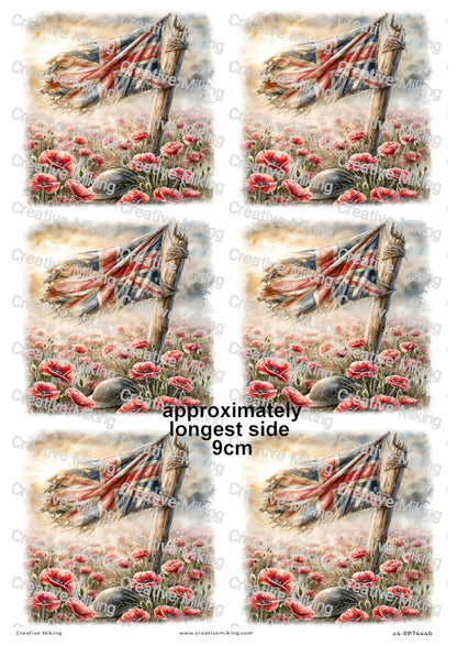 Union Jack Flag With Poppies Remembrance Decoupage Rice Paper | RP7444b