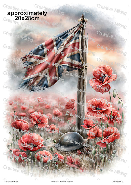 Union Jack Flag With Poppies Remembrance Decoupage Rice Paper | RP7445