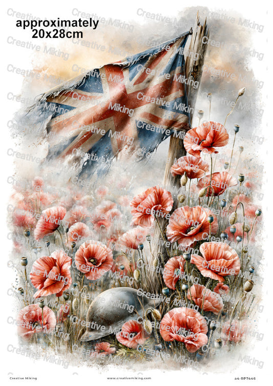 Union Jack Flag With Poppies Remembrance Decoupage Rice Paper | RP7446