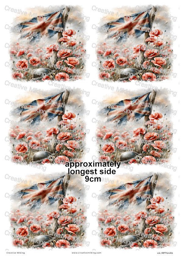 Union Jack Flag With Poppies Remembrance Decoupage Rice Paper | RP7446b