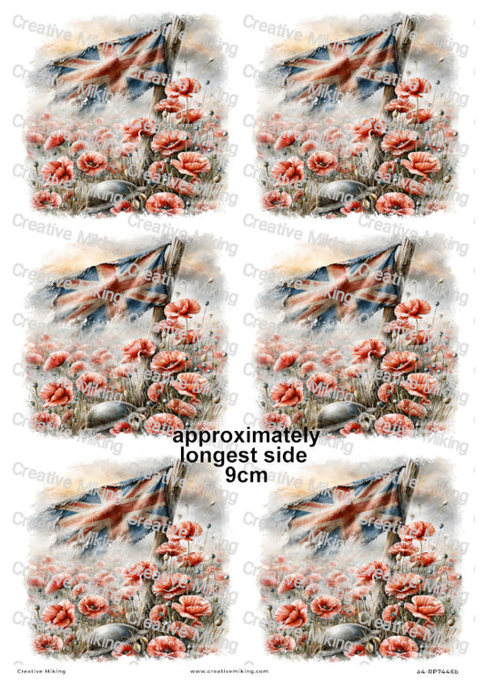 Union Jack Flag With Poppies Remembrance Decoupage Rice Paper | RP7446b
