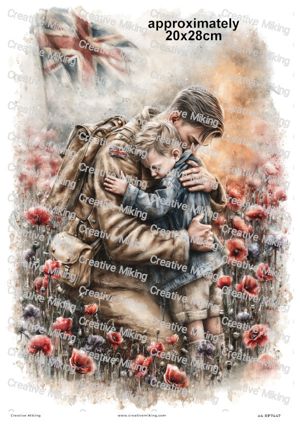 Soldier With Child In Poppy Field Remembrance Decoupage Rice Paper | RP7447