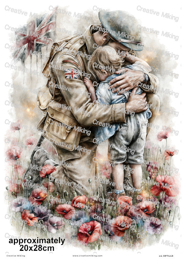 Soldier With Child In Poppy Field Remembrance Decoupage Rice Paper | RP7448