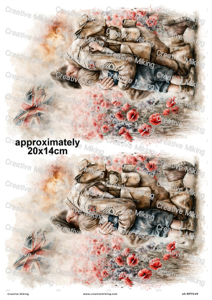 Soldier With Child In Poppy Field Remembrance Decoupage Rice Paper | RP7449
