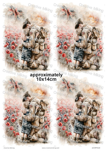 Soldier With Child In Poppy Field Remembrance Decoupage Rice Paper | RP7449