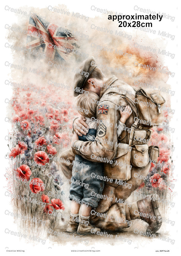 Soldier With Child In Poppy Field Remembrance Decoupage Rice Paper | RP7449