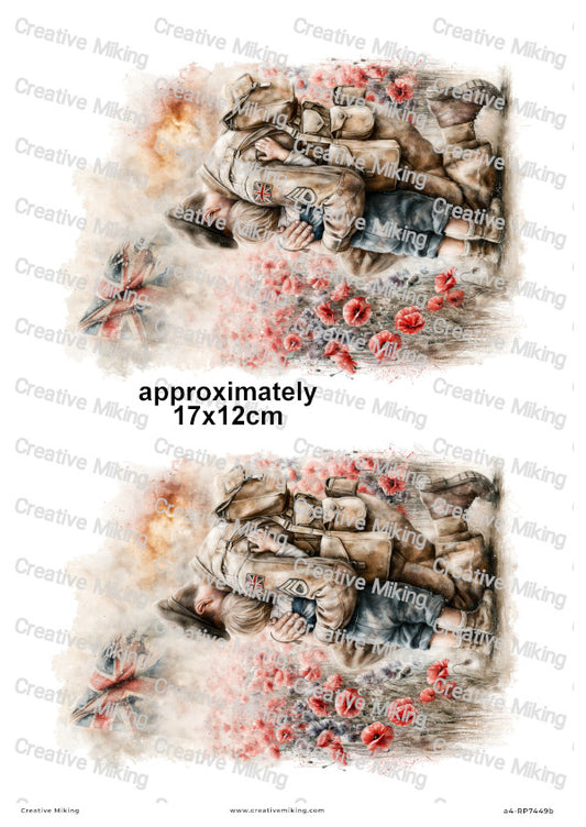 Soldier With Child In Poppy Field Remembrance Decoupage Rice Paper | RP7449b