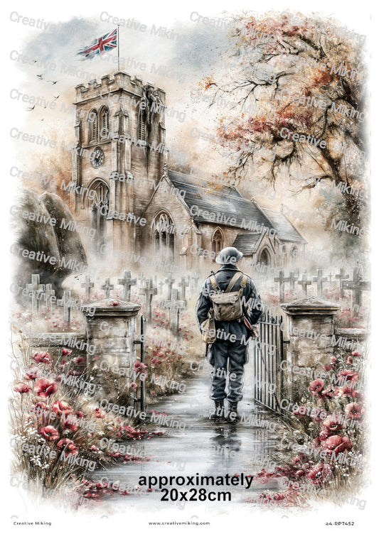 Soldier At Churchyard Remembrance Decoupage Rice Paper | RP7452
