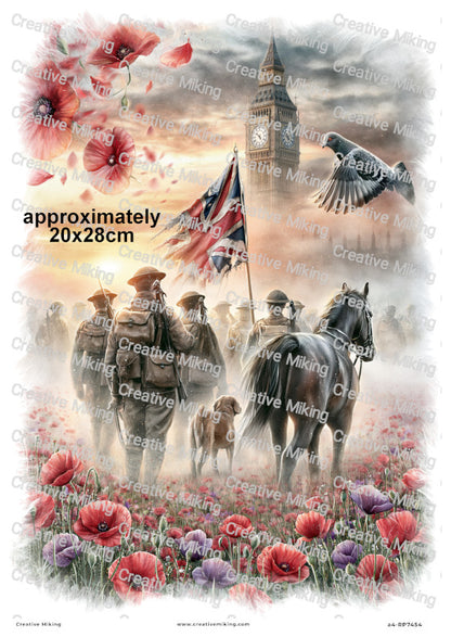 Soldiers Horse And Dog In Poppy Field Remembrance Decoupage Rice Paper | RP7454