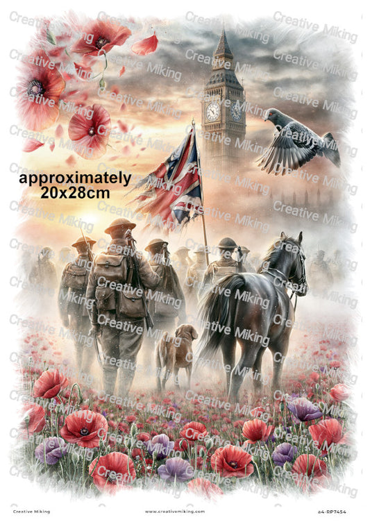 Soldiers Horse And Dog In Poppy Field Remembrance Decoupage Rice Paper | RP7454