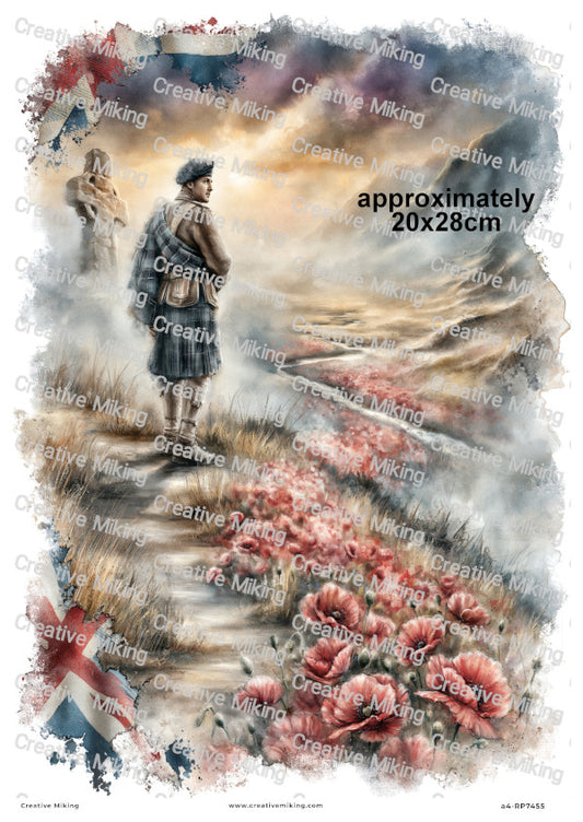 Scottish Soldier In Poppy Field Remembrance Decoupage Rice Paper | RP7455