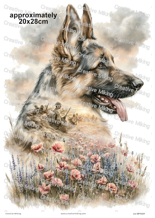 German Shepherd In Poppy Field Remembrance Decoupage Rice Paper | RP7457