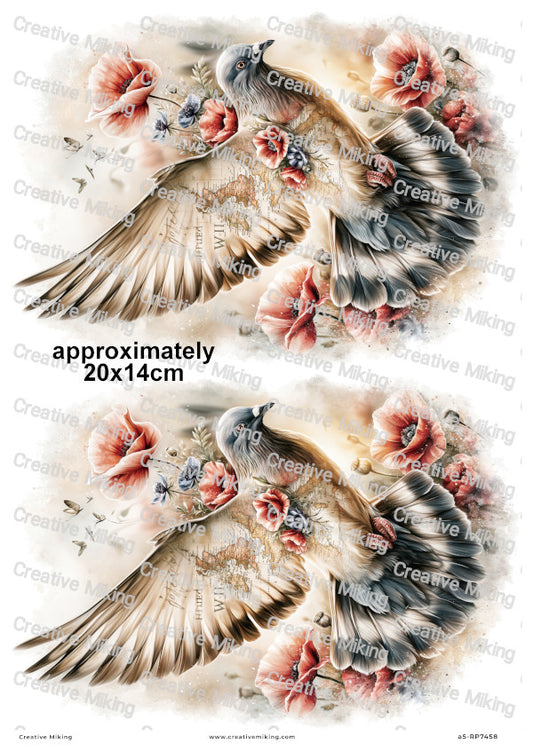 Pigeon With Poppies Remembrance Decoupage Rice Paper | RP7458