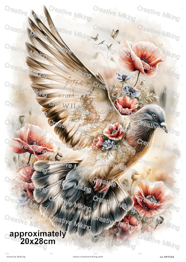 Pigeon With Poppies Remembrance Decoupage Rice Paper | RP7458