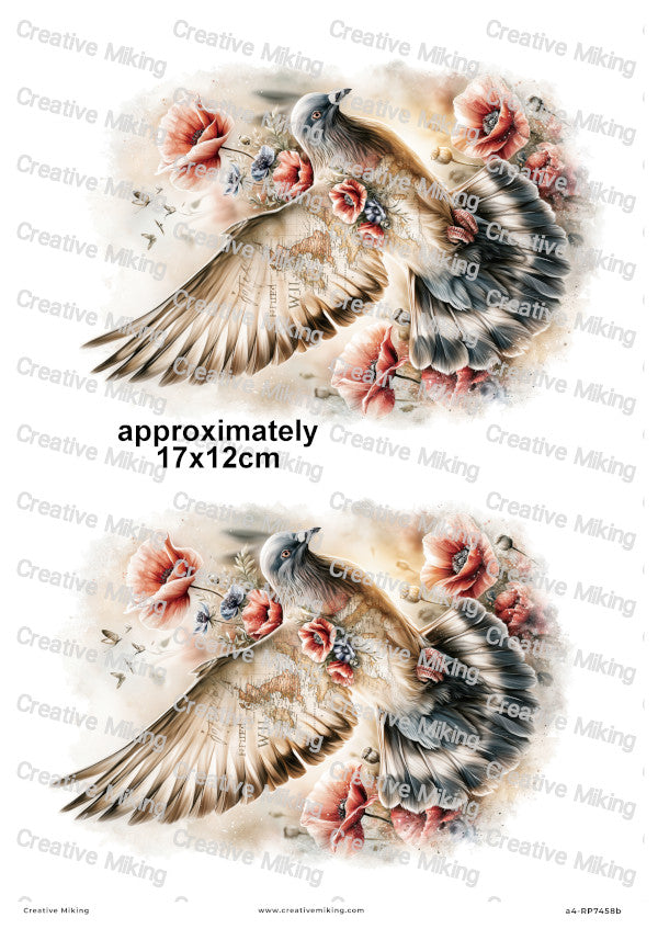 Pigeon With Poppies Remembrance Decoupage Rice Paper | RP7458b