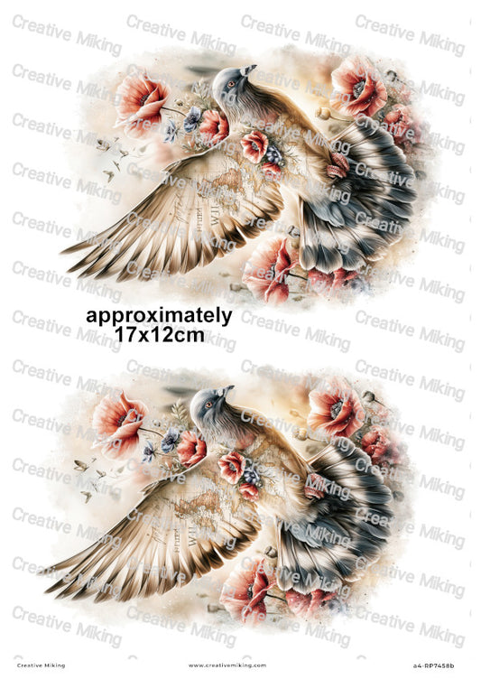 Pigeon With Poppies Remembrance Decoupage Rice Paper | RP7458b