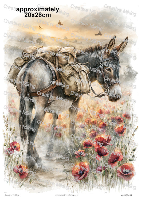 Military Donkey In Poppy Field Remembrance Decoupage Rice Paper | RP7463