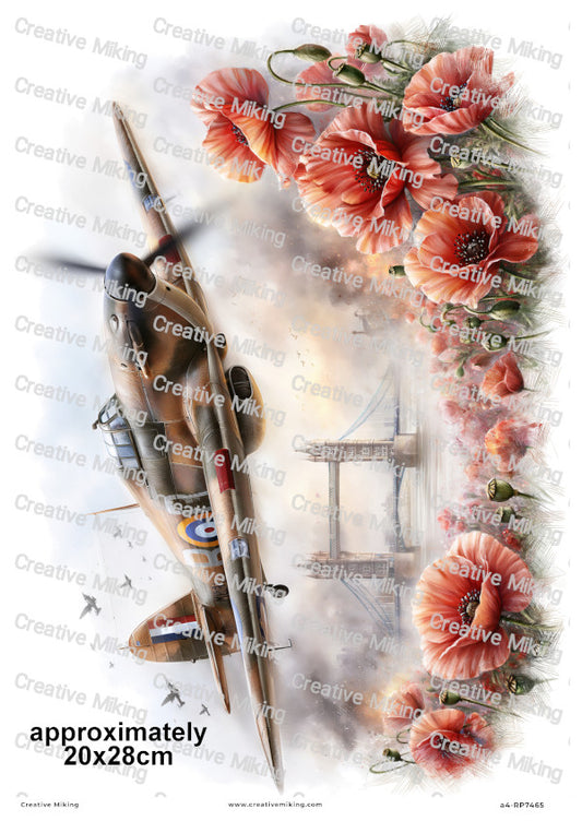 Hawker Hurricane Aircraft With Poppies Remembrance Decoupage Rice Paper | RP7465