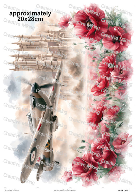 Hawker Hurricane Aircraft With Poppies Remembrance Decoupage Rice Paper | RP7466