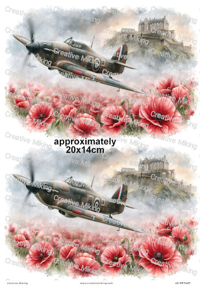 Hawker Hurricane Aircraft With Poppies Remembrance Decoupage Rice Paper | RP7467